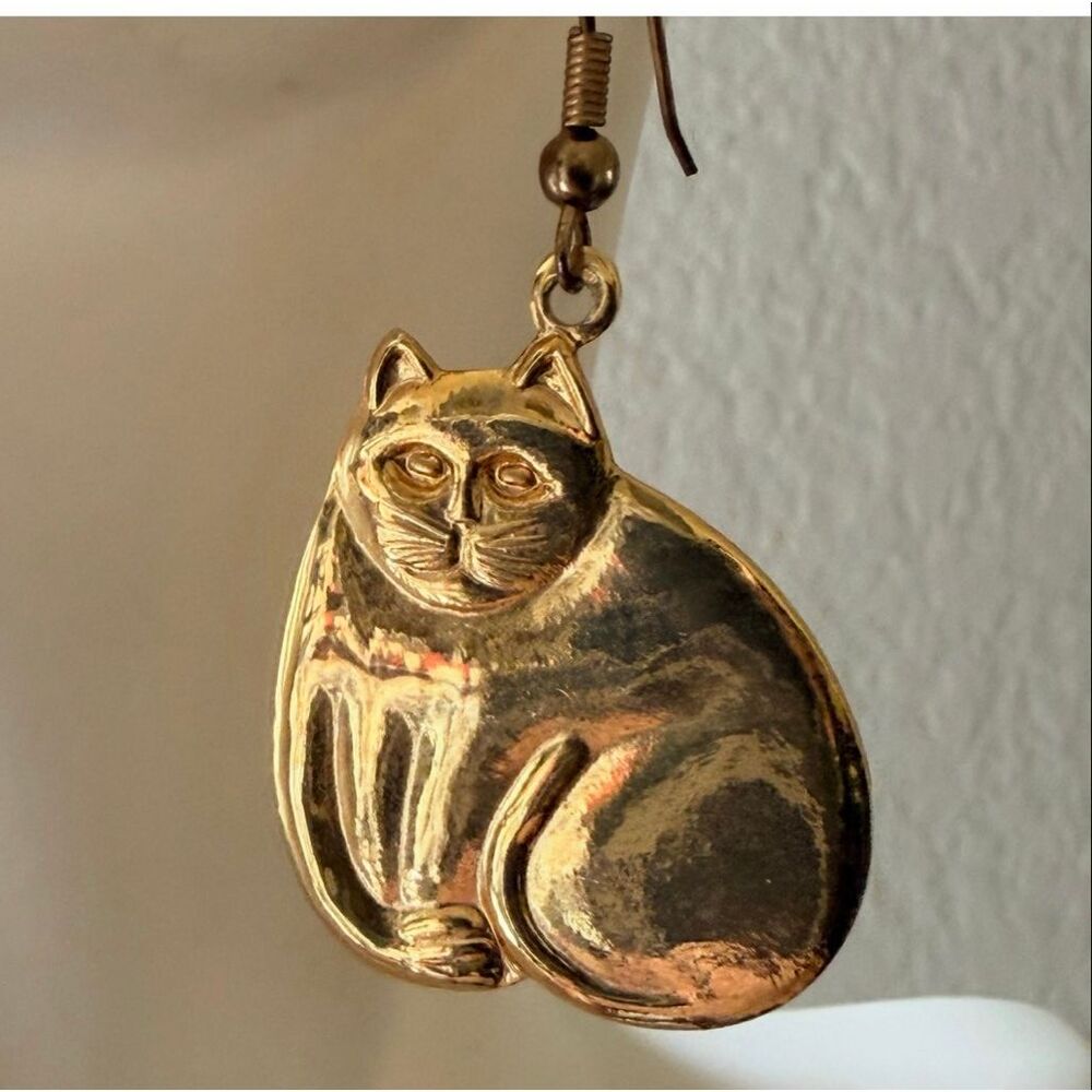 MEOW Gold Tone Cat Dangle Earrings - Picture 3 of 5